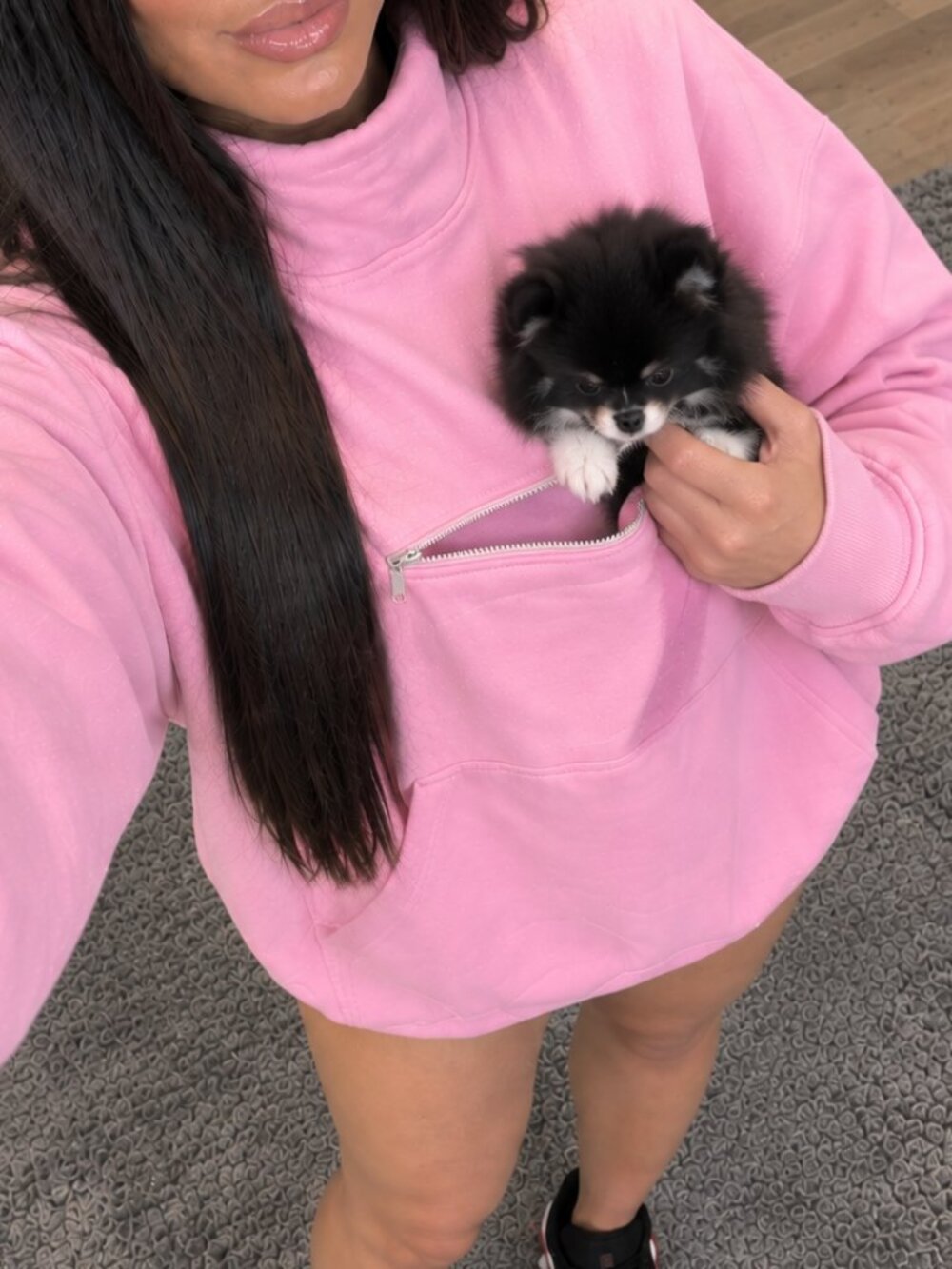 Cute Pink Pet Pouch Mock Neck Pullover Sweatshirt / Pet Carrier Hoodie